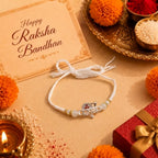 Marvel Silver Shiv Silver Rakhi with White Crystal Beads, Pearl Beads and Silver Shiv Symbol for Raksha Bandhan
