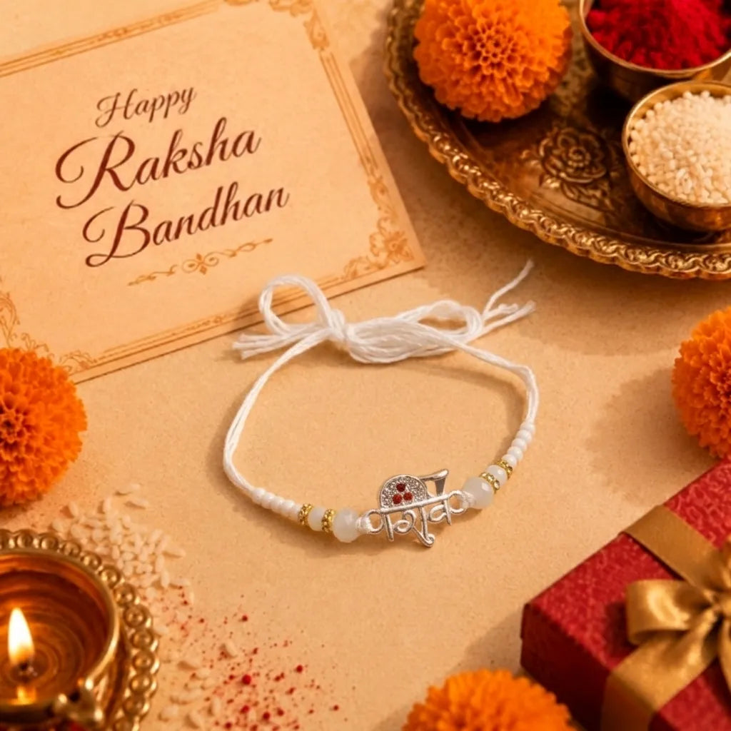 Marvel Silver Shiv Silver Rakhi with White Crystal Beads, Pearl Beads and Silver Shiv Symbol for Raksha Bandhan