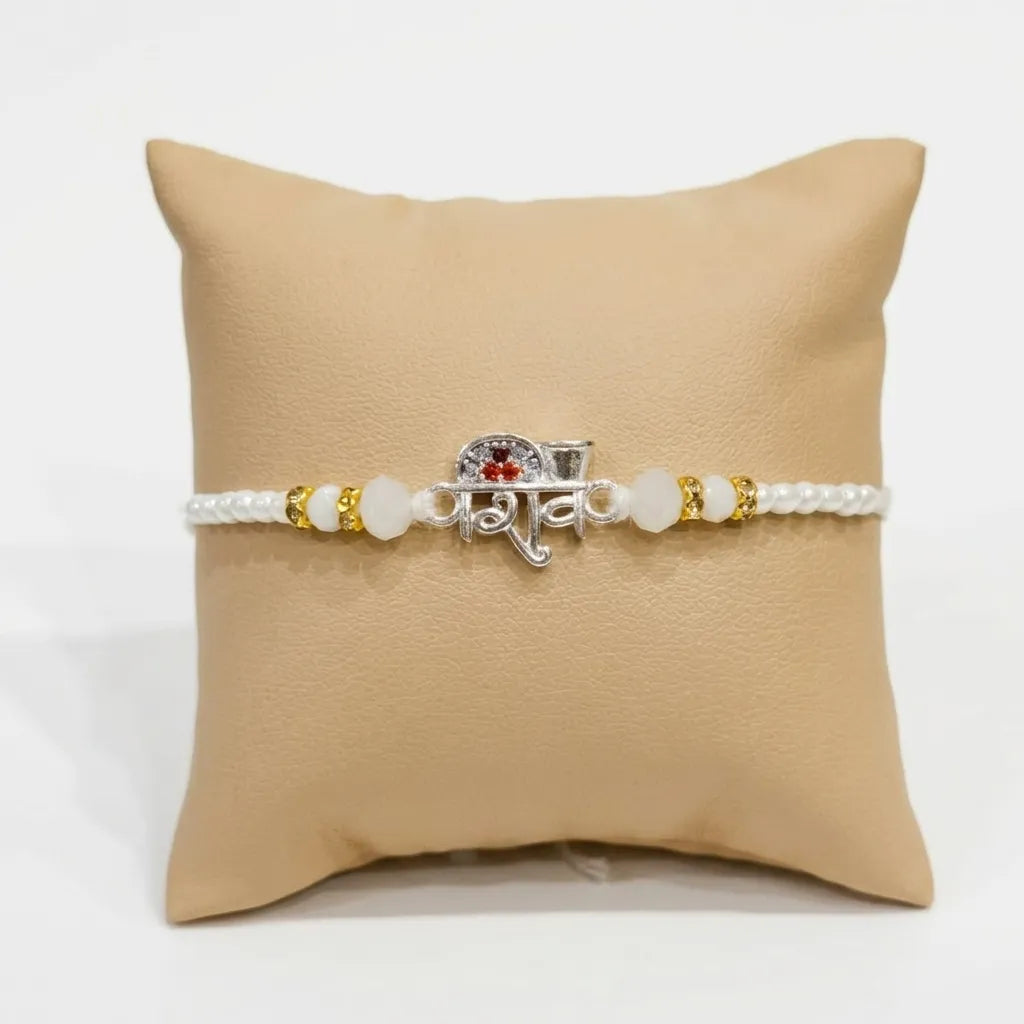 Marvel Silver Shiv Silver Rakhi with White Crystal Beads, Pearl Beads and Silver Shiv Symbol for Raksha Bandhan