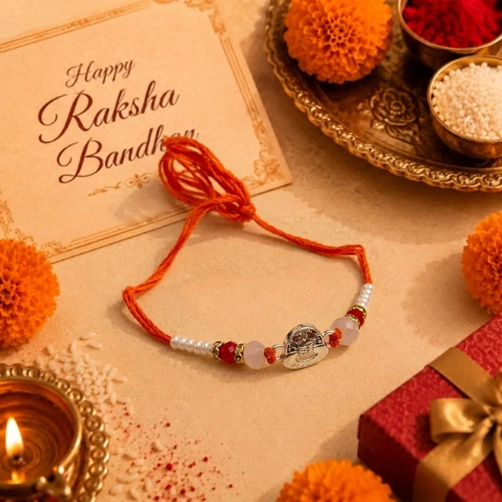 Marvel Silver Shivling Silver Rakhi with Red Crystal Beads, White Pearl Beads and Premium Silver Shivling Charm for Raksha Bandhan