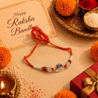 Marvel Silver Shivling Silver Rakhi with Red Crystal Beads, White Pearl Beads and Premium Silver Shivling Charm for Raksha Bandhan