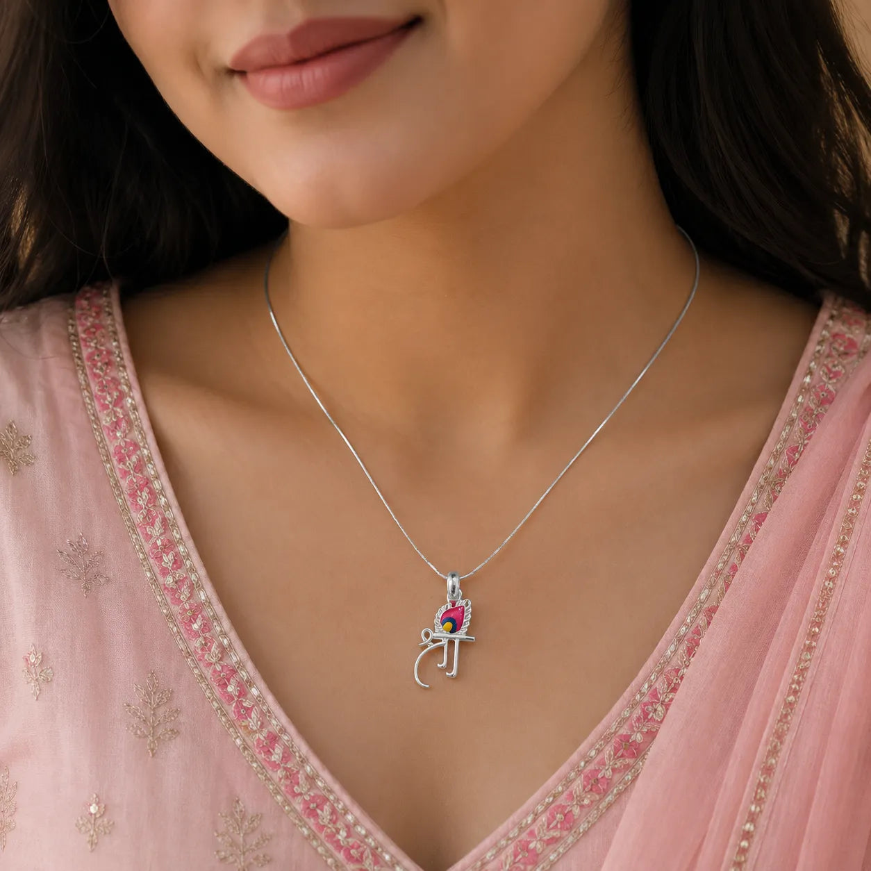 Marvel Silver Shree Mor Pankh silver pendant with colourful peacock feather design, chain not included