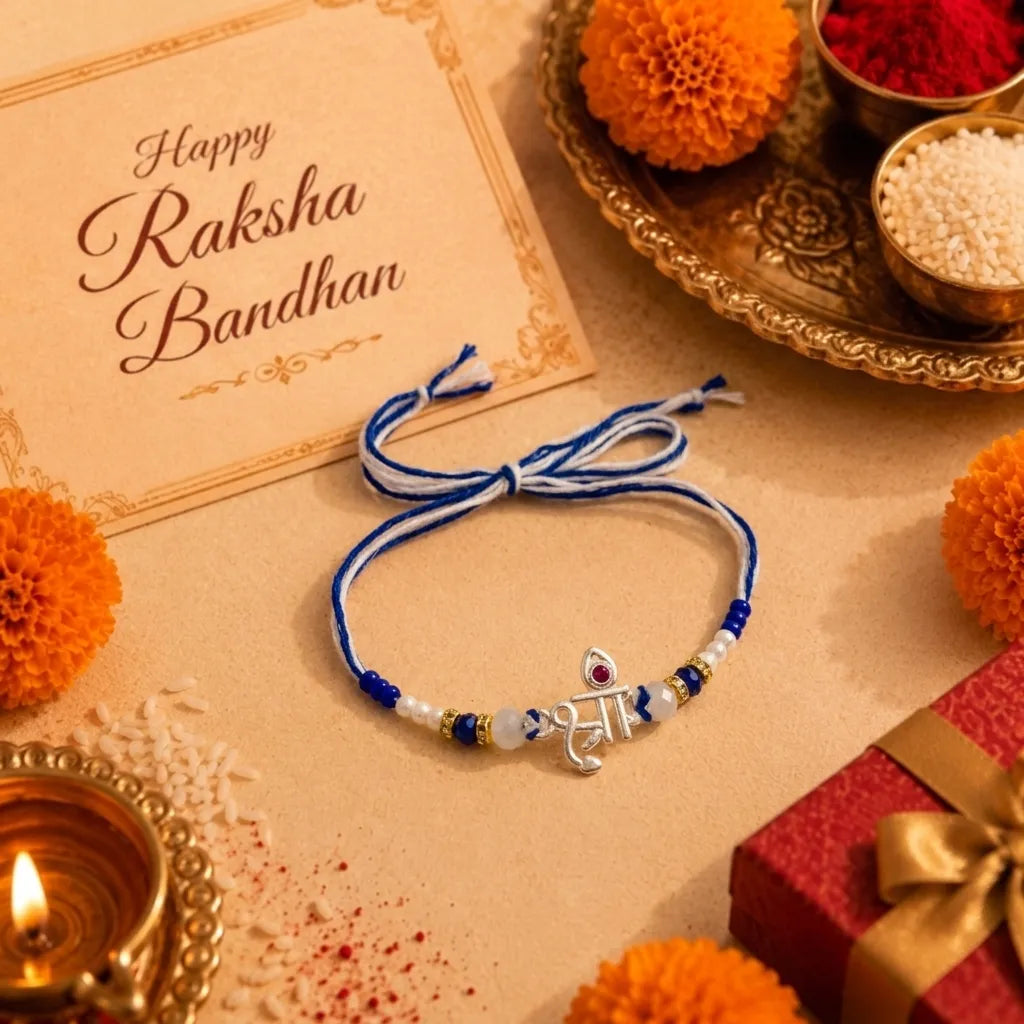 Marvel Silver Shree Silver Rakhi with Blue Beads, White Crystal Beads, Pearl Beads and Red CZ Stone for Raksha Bandhan