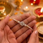 Marvel Silver Shree Silver Rakhi with White Crystal Beads, White Pearl Beads and Sparkling Silver Shree Symbol for Raksha Bandhan