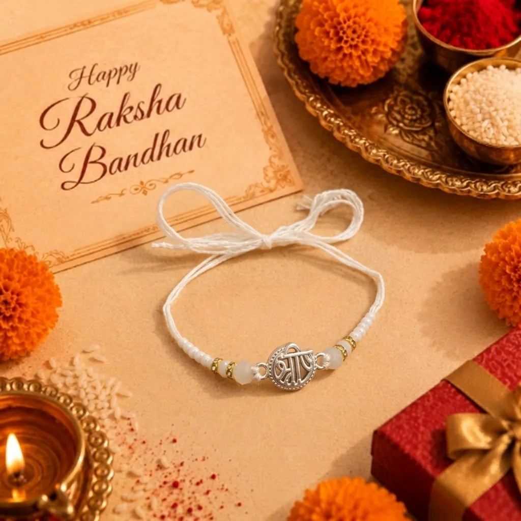 Marvel Silver Shree Silver Rakhi with White Crystal Beads, White Pearl Beads and Sparkling Silver Shree Symbol for Raksha Bandhan