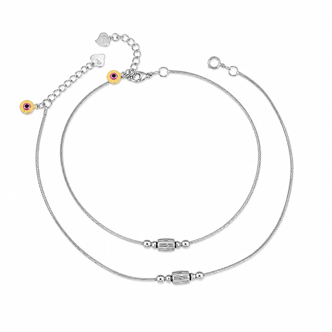 Marvel Silver adjustable silver anklet for women with textured barrel center bead and polished round bead accents