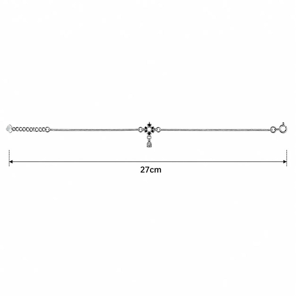 Marvel Silver adjustable silver anklet for women with black floral design and sparkling hanging drop charm