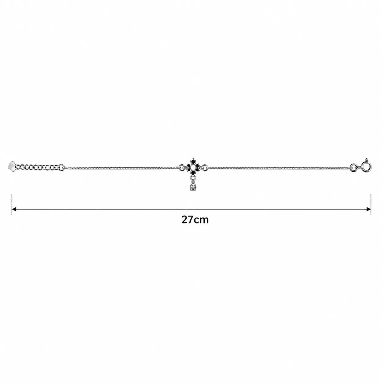 Marvel Silver adjustable silver anklet for women with black floral design and sparkling hanging drop charm