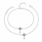 Marvel Silver adjustable silver anklet for women with black floral design and sparkling hanging drop charm