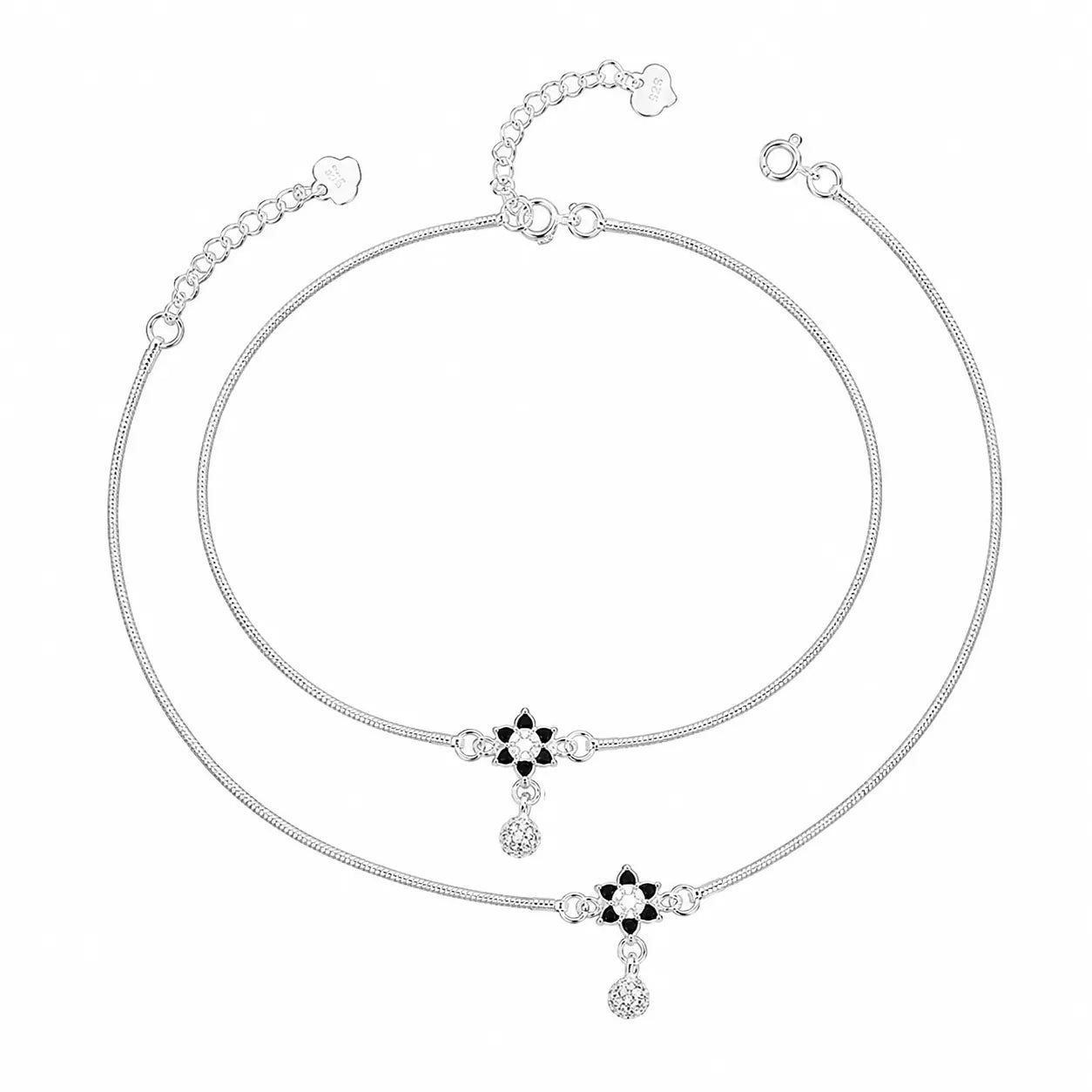 Marvel Silver adjustable silver anklet for women with black floral design and sparkling hanging drop charm