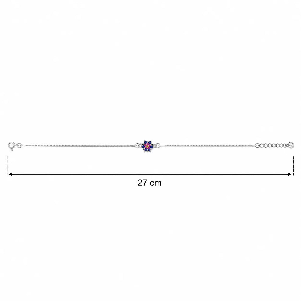 Marvel Silver adjustable silver anklet for women with blue pink and yellow floral centerpiece