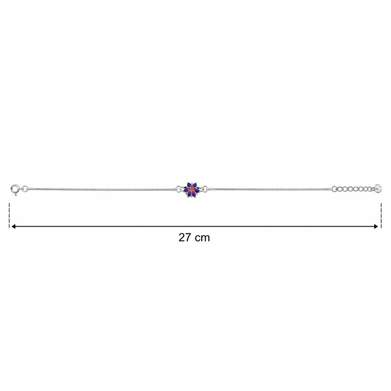 Marvel Silver adjustable silver anklet for women with blue pink and yellow floral centerpiece