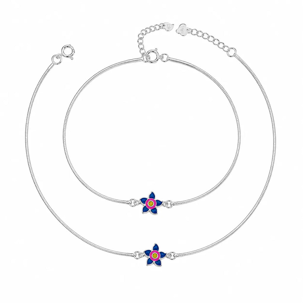 Marvel Silver adjustable silver anklet for women with blue pink and yellow floral centerpiece