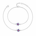 Marvel Silver adjustable silver anklet for women with blue pink and yellow floral centerpiece