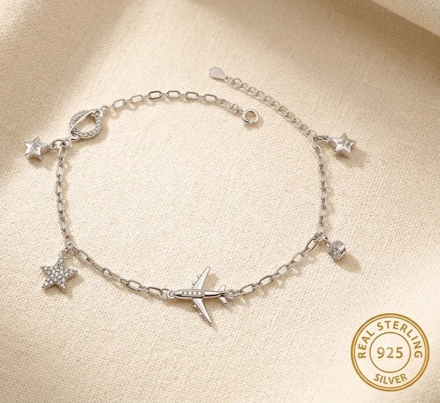 Marvel Silver Airplane Charm Anklet featuring silver chain with airplane, star charms, and adjustable clasp for women and girls.