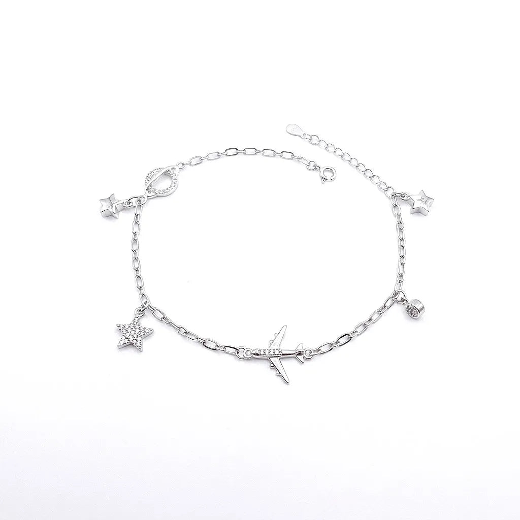 Marvel Silver Airplane Charm Anklet featuring silver chain with airplane, star charms, and adjustable clasp for women and girls.