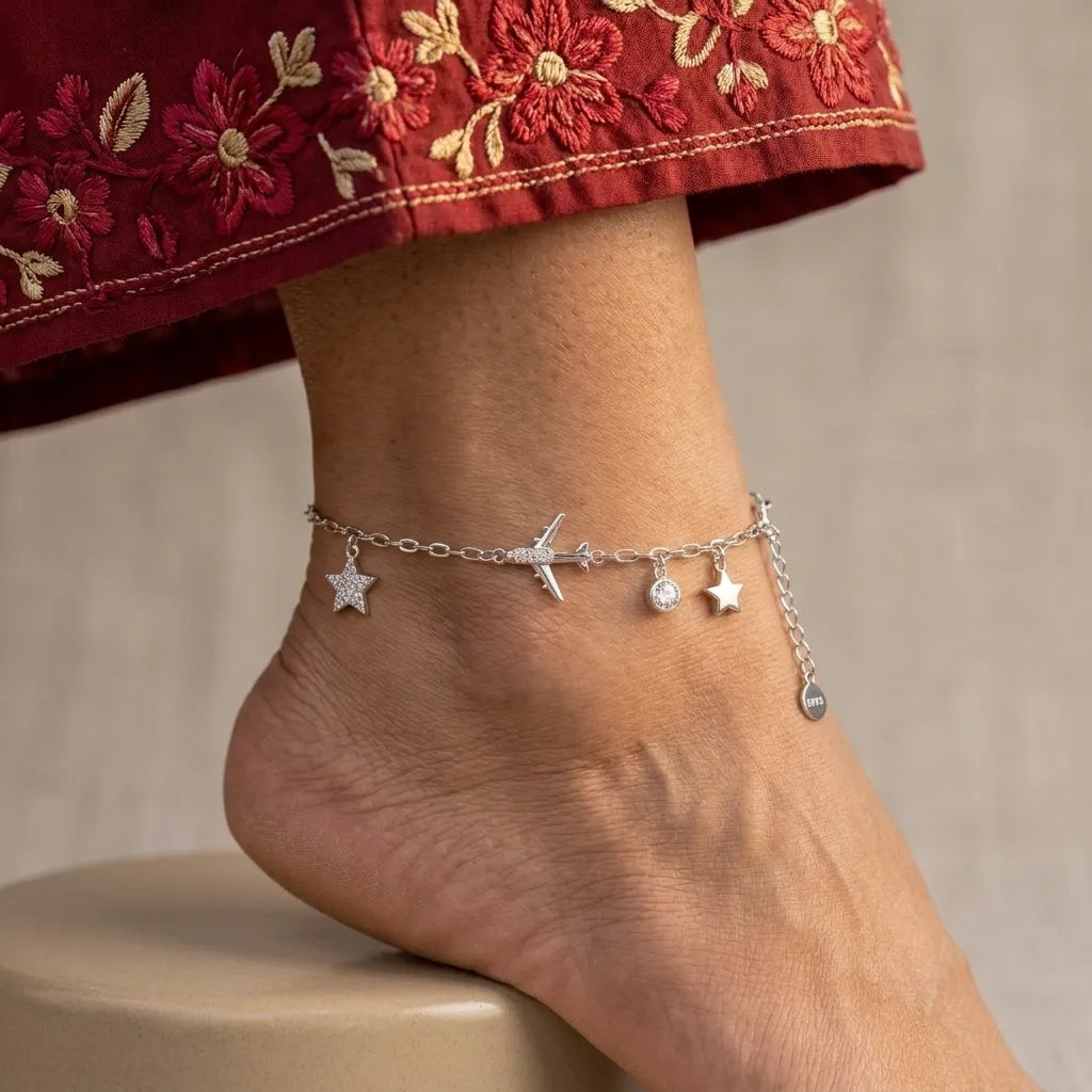 Marvel Silver Airplane Charm Anklet featuring silver chain with airplane, star charms, and adjustable clasp for women and girls.
