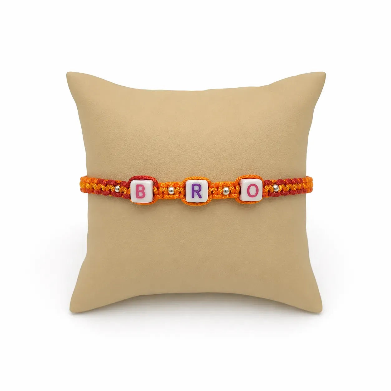 Marvel Silver BRO Letter Bead Designer Rakhi with colorful alphabet beads, silver spacer beads, and orange-red braided thread for Raksha Bandhan
