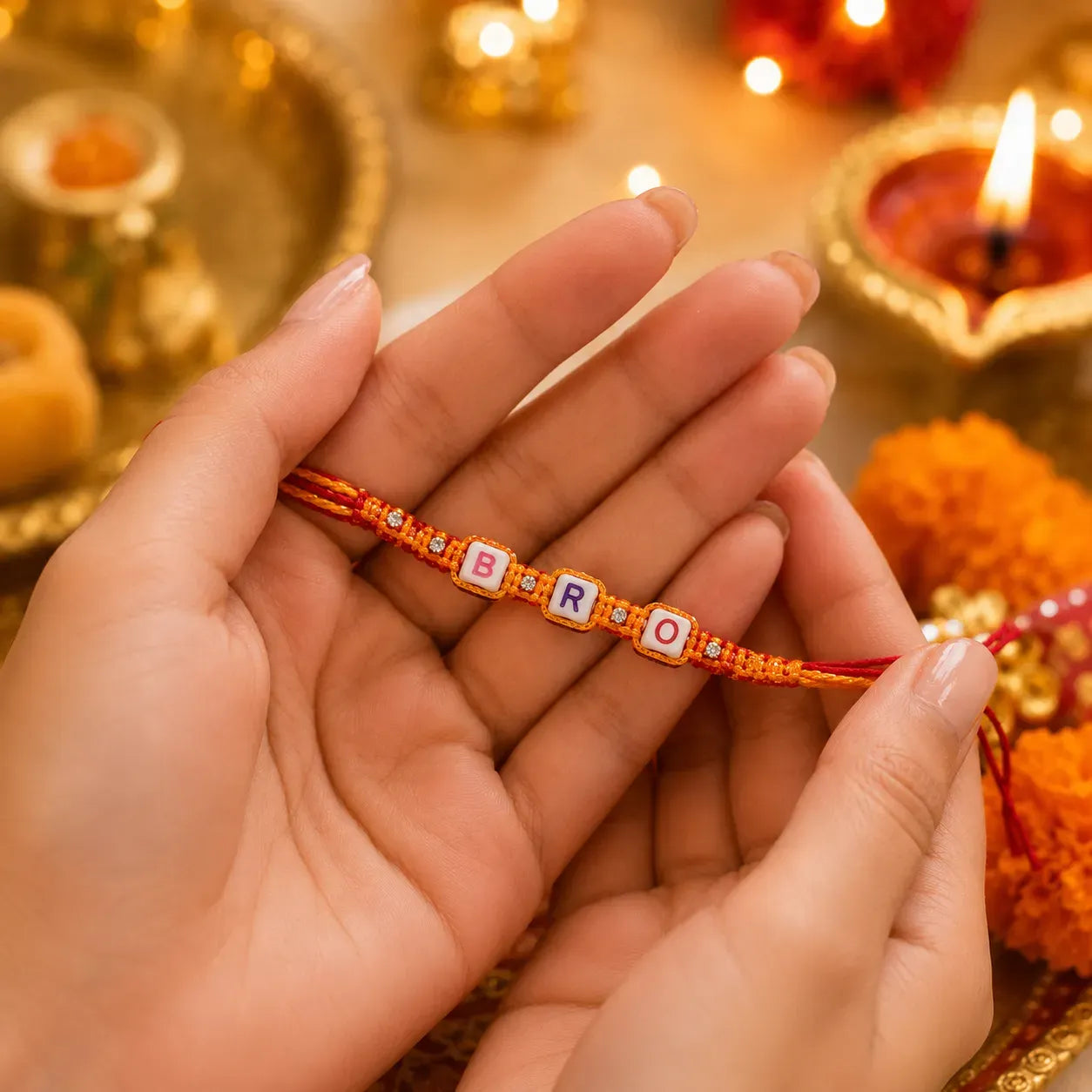 Marvel Silver BRO Letter Bead Designer Rakhi with colorful alphabet beads, silver spacer beads, and orange-red braided thread for Raksha Bandhan