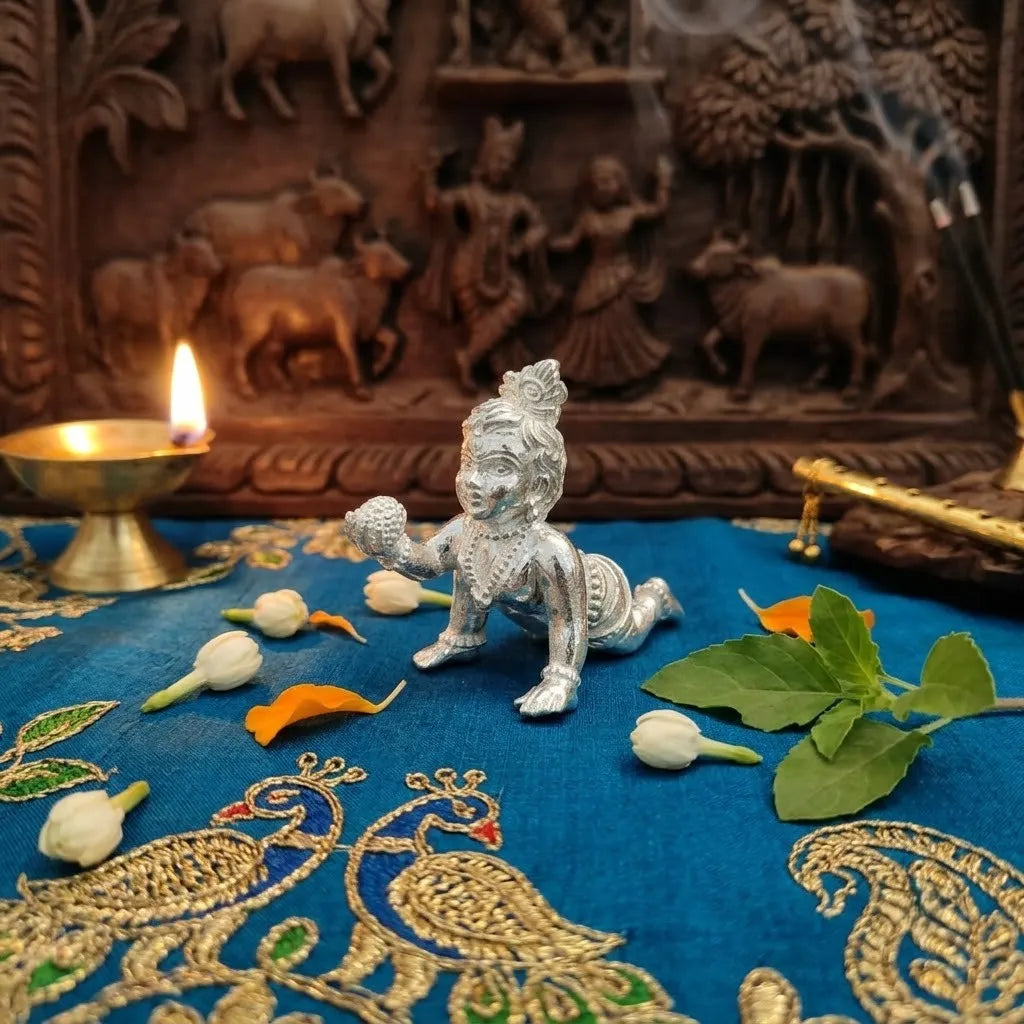 Silver Bal Krishna Murti Laddu Gopal Crawling Idol for Home Mandir and Pooja – Marvel Silver