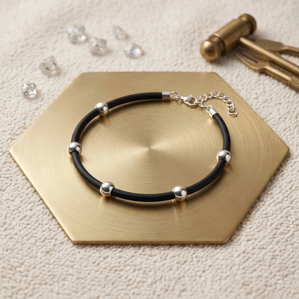 Marvel Silver silver bead bracelet with polished round beads and black band