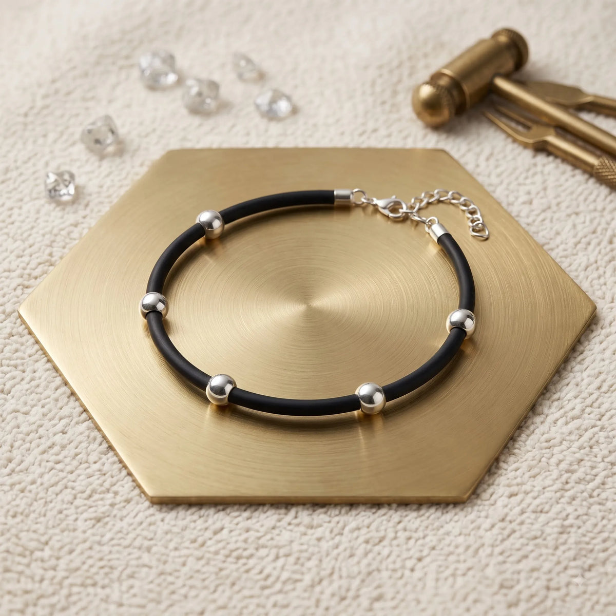Marvel Silver silver bead bracelet with polished round beads and black band