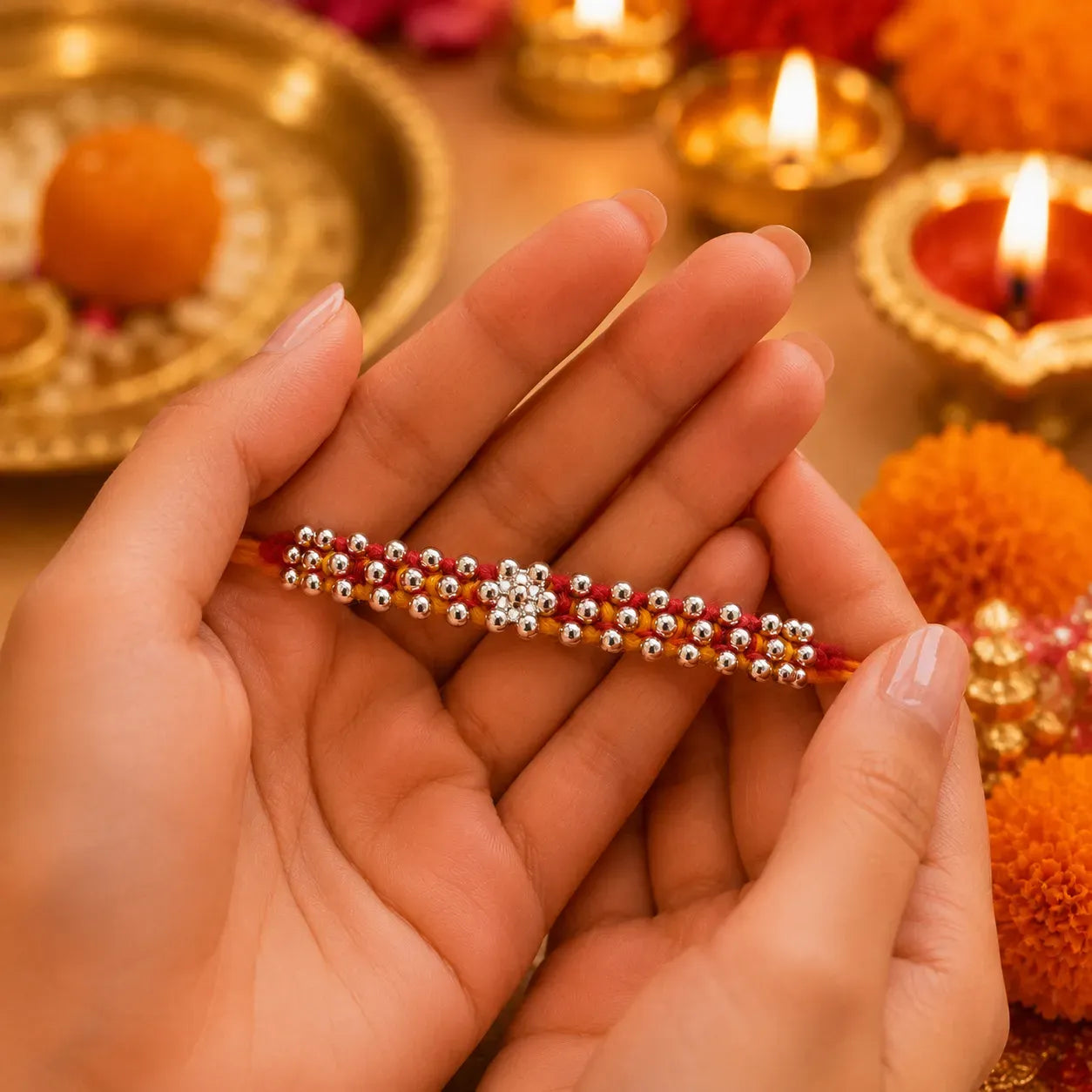 Marvel Silver Silver Bead Flower Designer Rakhi featuring a handcrafted floral silver bead centerpiece with red and yellow braided thread for Raksha Bandhan.
