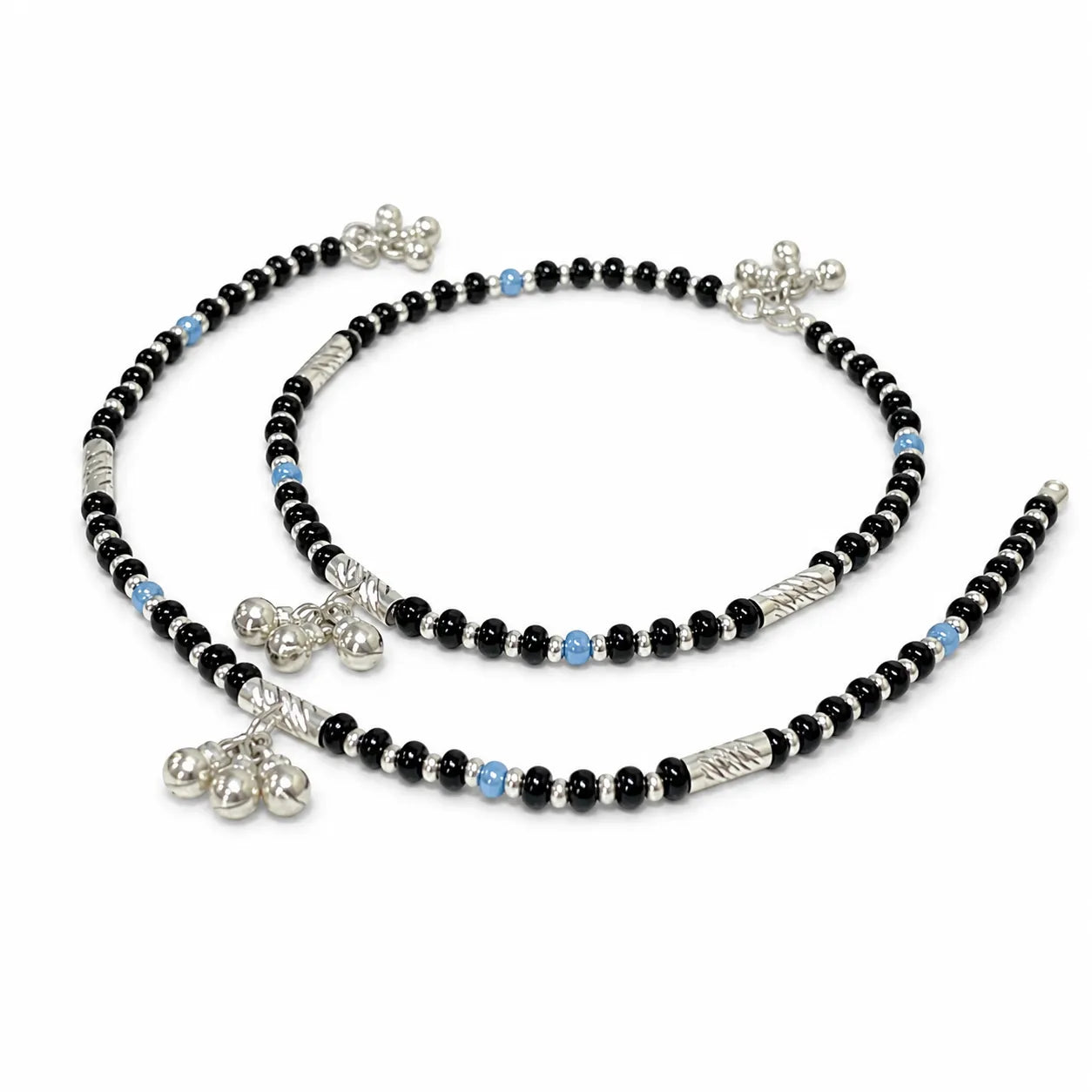 Marvel Silver black bead girls payal with blue beads silver tubes and ghungroo charms