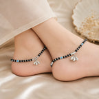 Marvel Silver black bead girls payal with blue beads silver tubes and ghungroo charms