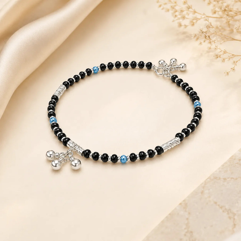 Marvel Silver black bead girls payal with blue beads silver tubes and ghungroo charms
