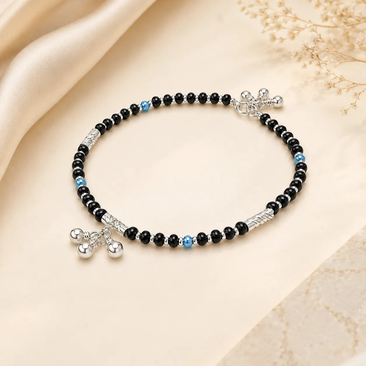 Marvel Silver black bead girls payal with blue beads silver tubes and ghungroo charms