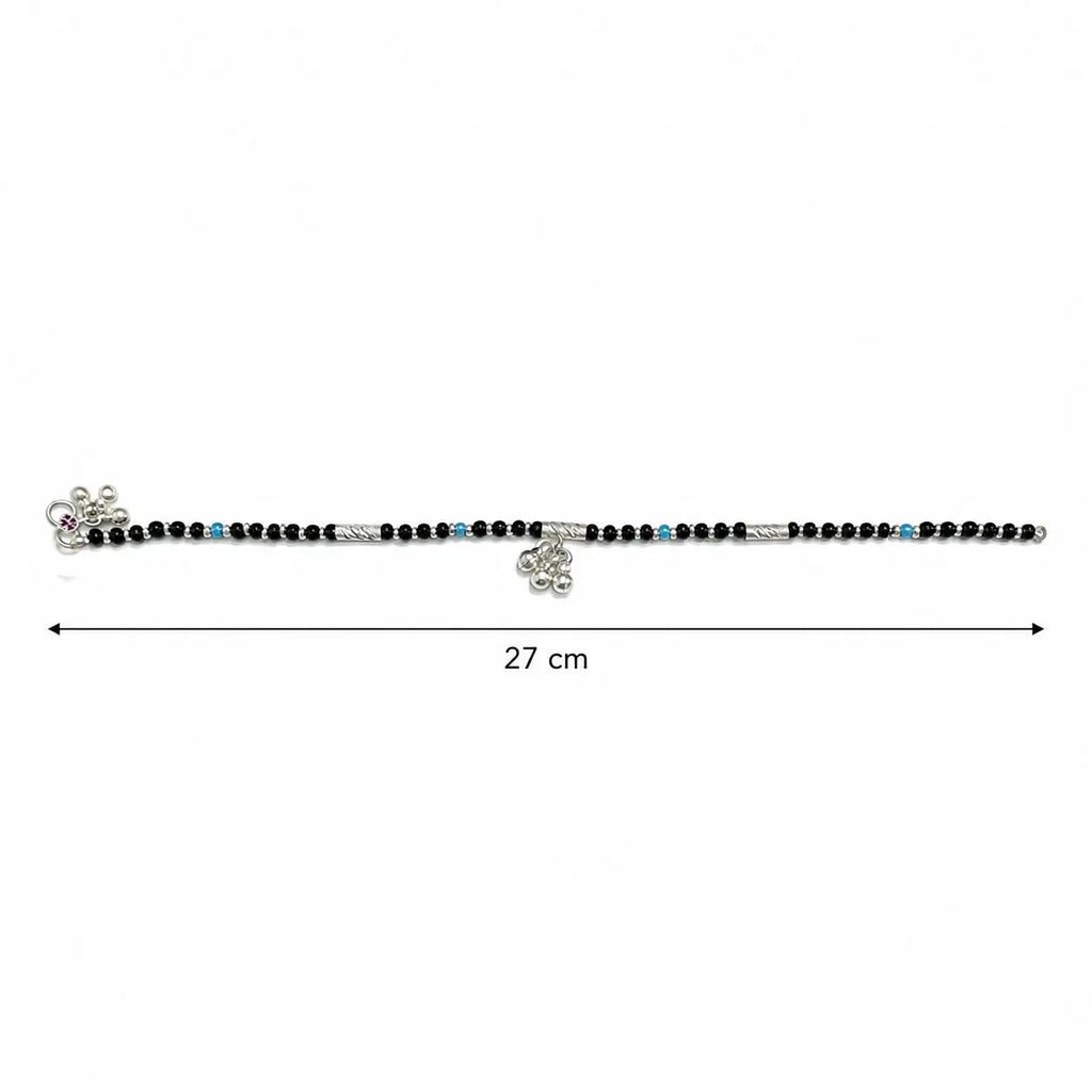 Marvel Silver black bead girls payal with blue beads silver tubes and ghungroo charms
