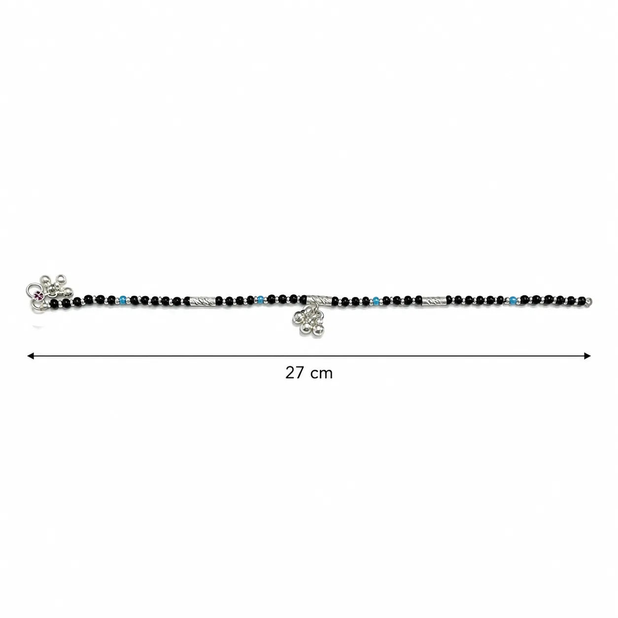 Marvel Silver black bead girls payal with blue beads silver tubes and ghungroo charms
