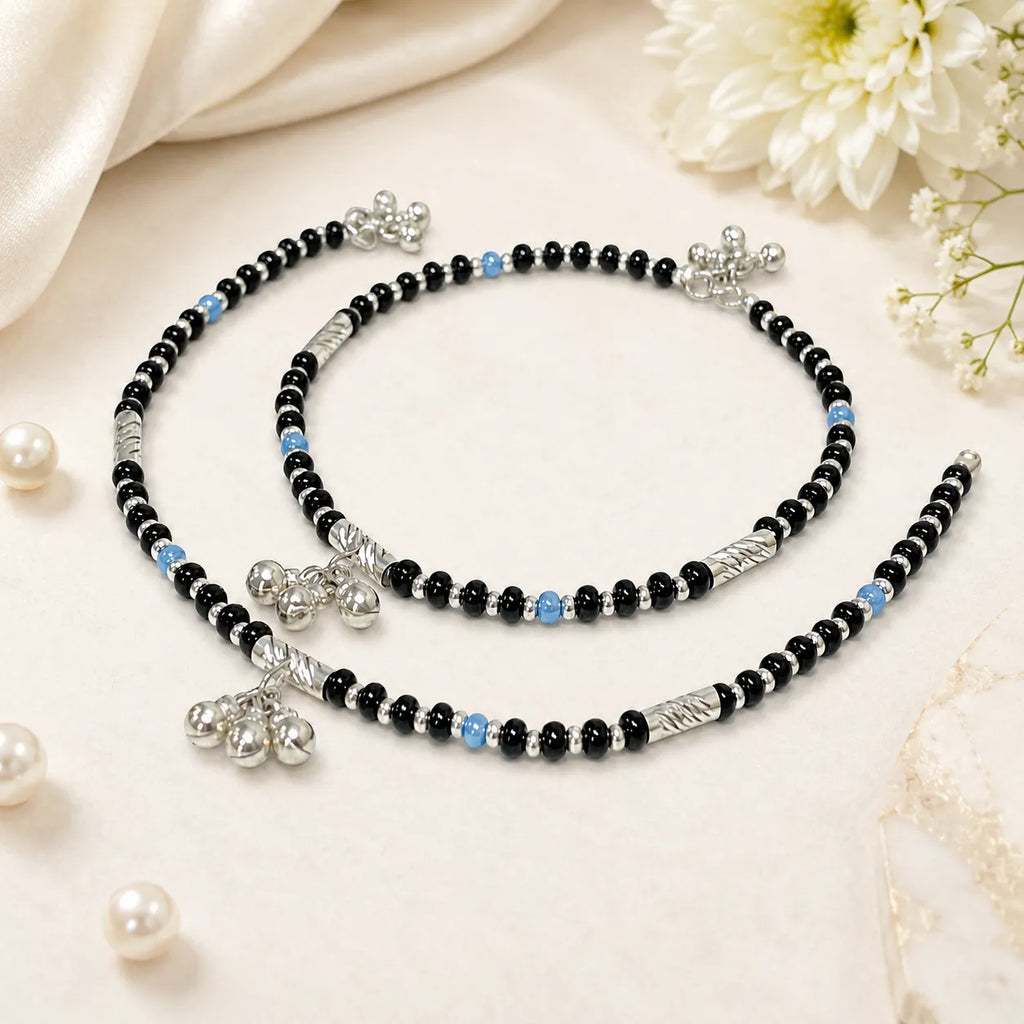 Marvel Silver black bead girls payal with blue beads silver tubes and ghungroo charms