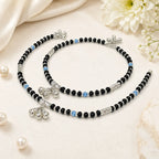 Marvel Silver black bead girls payal with blue beads silver tubes and ghungroo charms