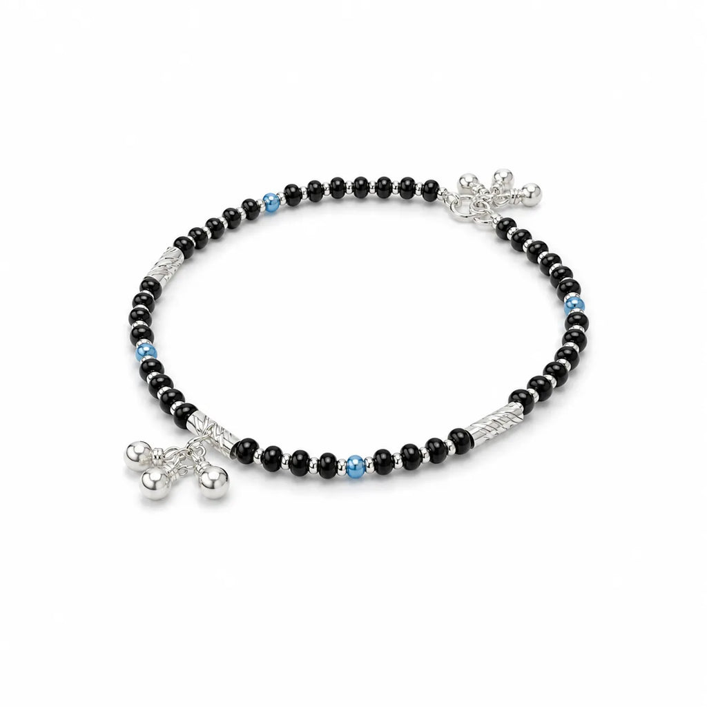 Marvel Silver black bead girls payal with blue beads silver tubes and ghungroo charms