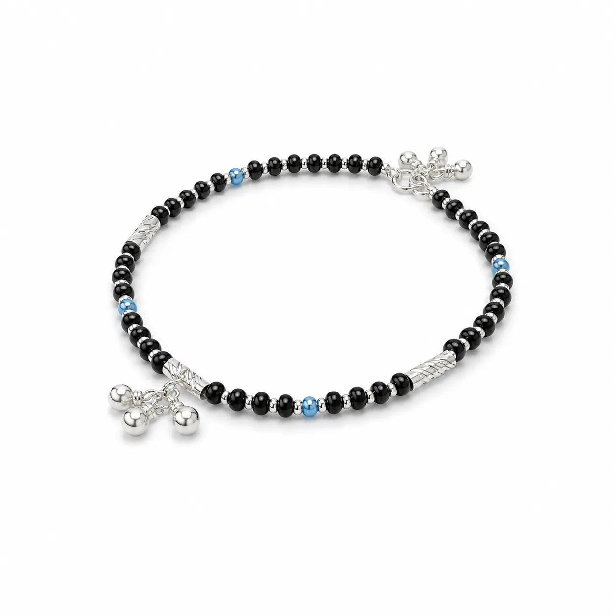 Marvel Silver black bead girls payal with blue beads silver tubes and ghungroo charms