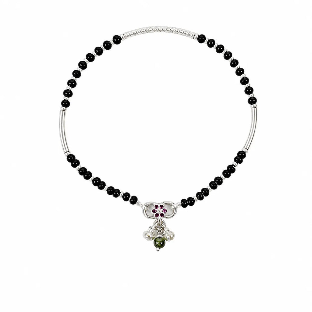 Marvel Silver black bead girls payal with pink butterfly charm green bead and ghungroo