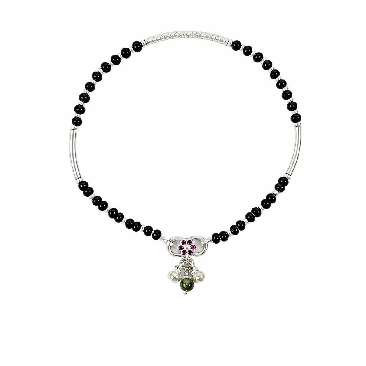 Marvel Silver black bead girls payal with pink butterfly charm green bead and ghungroo