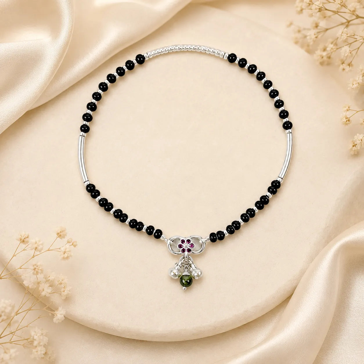 Marvel Silver black bead girls payal with pink butterfly charm green bead and ghungroo
