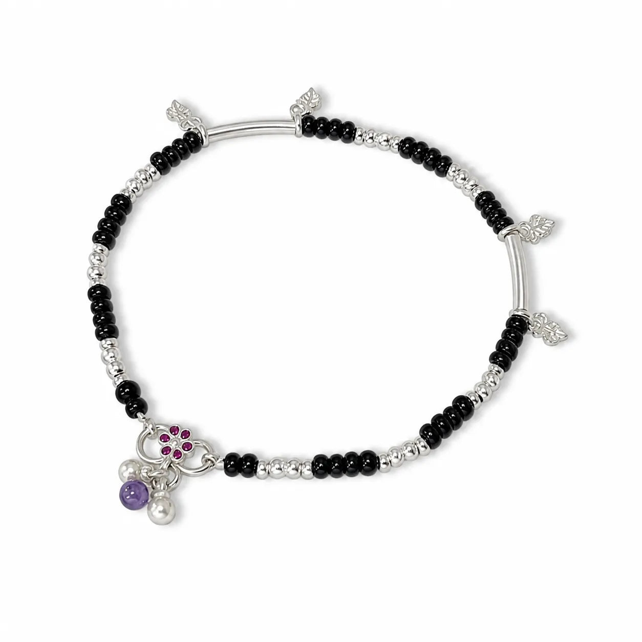 Marvel Silver black bead girls payal with butterfly charm pink stones purple bead and leaf charms
