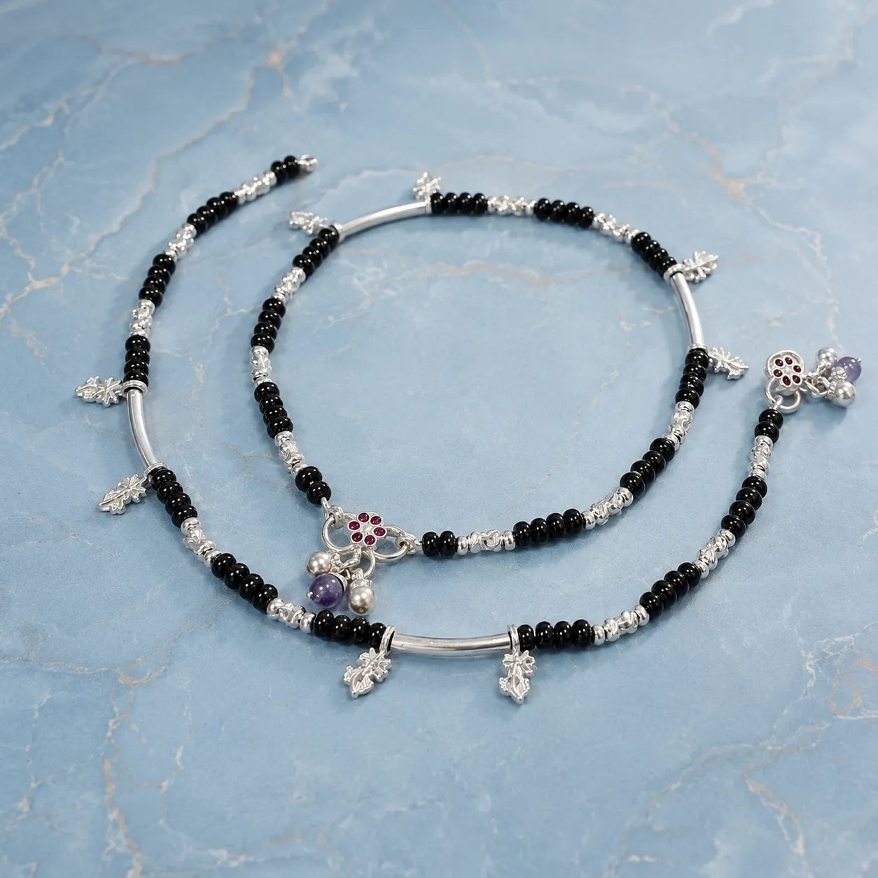 Marvel Silver black bead girls payal with butterfly charm pink stones purple bead and leaf charms