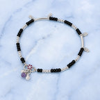 Marvel Silver black bead girls payal with butterfly charm pink stones purple bead and leaf charms