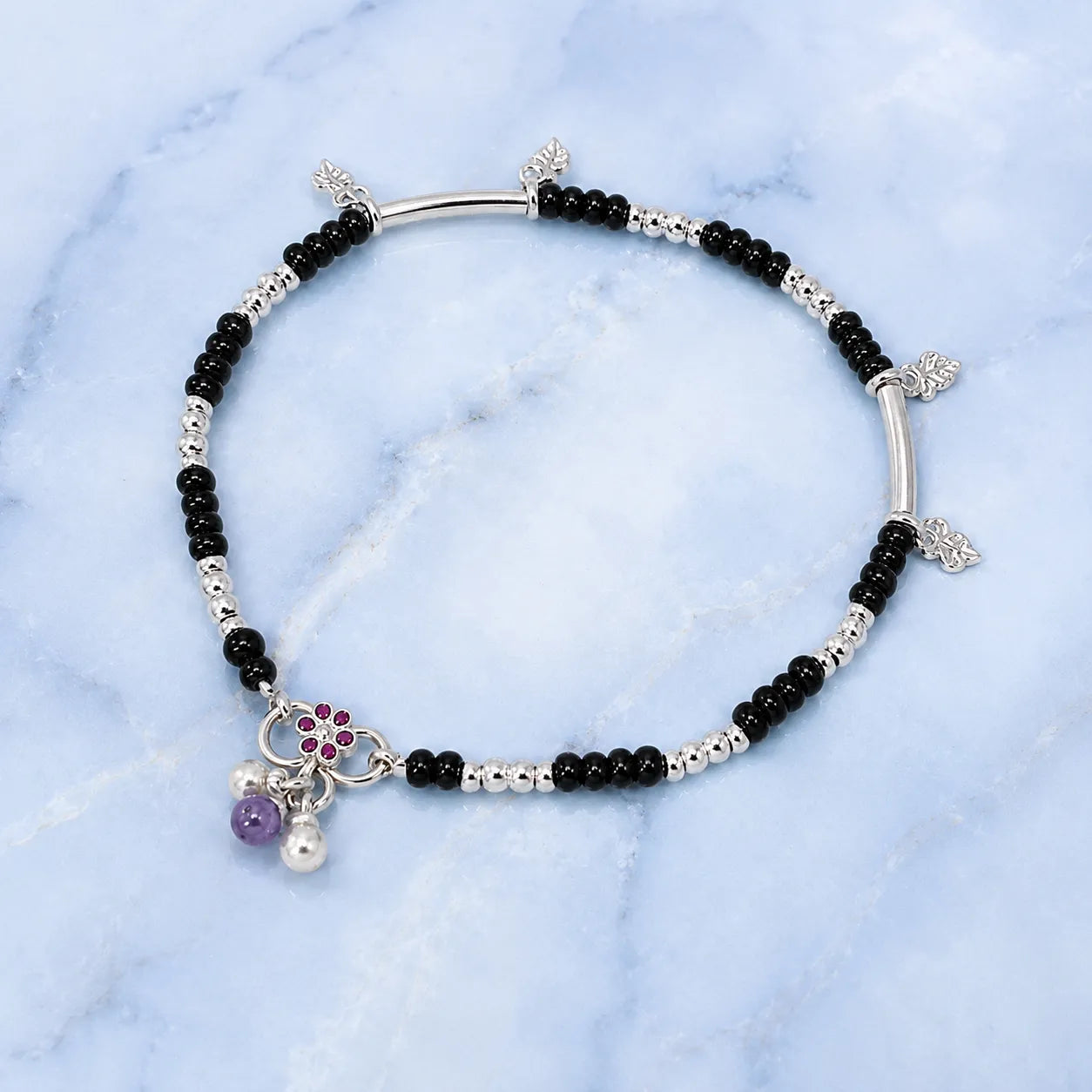 Marvel Silver black bead girls payal with butterfly charm pink stones purple bead and leaf charms