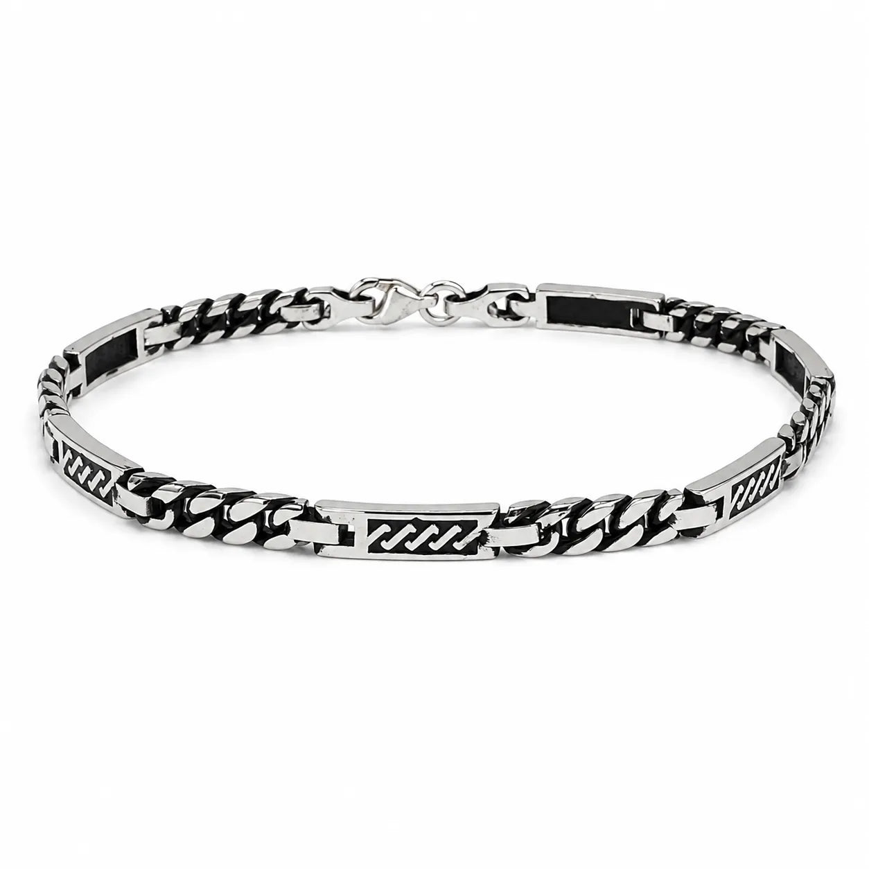 Marvel Silver black curb link bracelet for men with engraved panels and 19 cm length