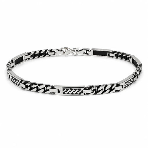 Marvel Silver black curb link bracelet for men with engraved panels and 19 cm length