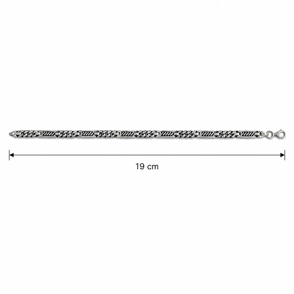 Marvel Silver black curb link bracelet for men with engraved panels and 19 cm length