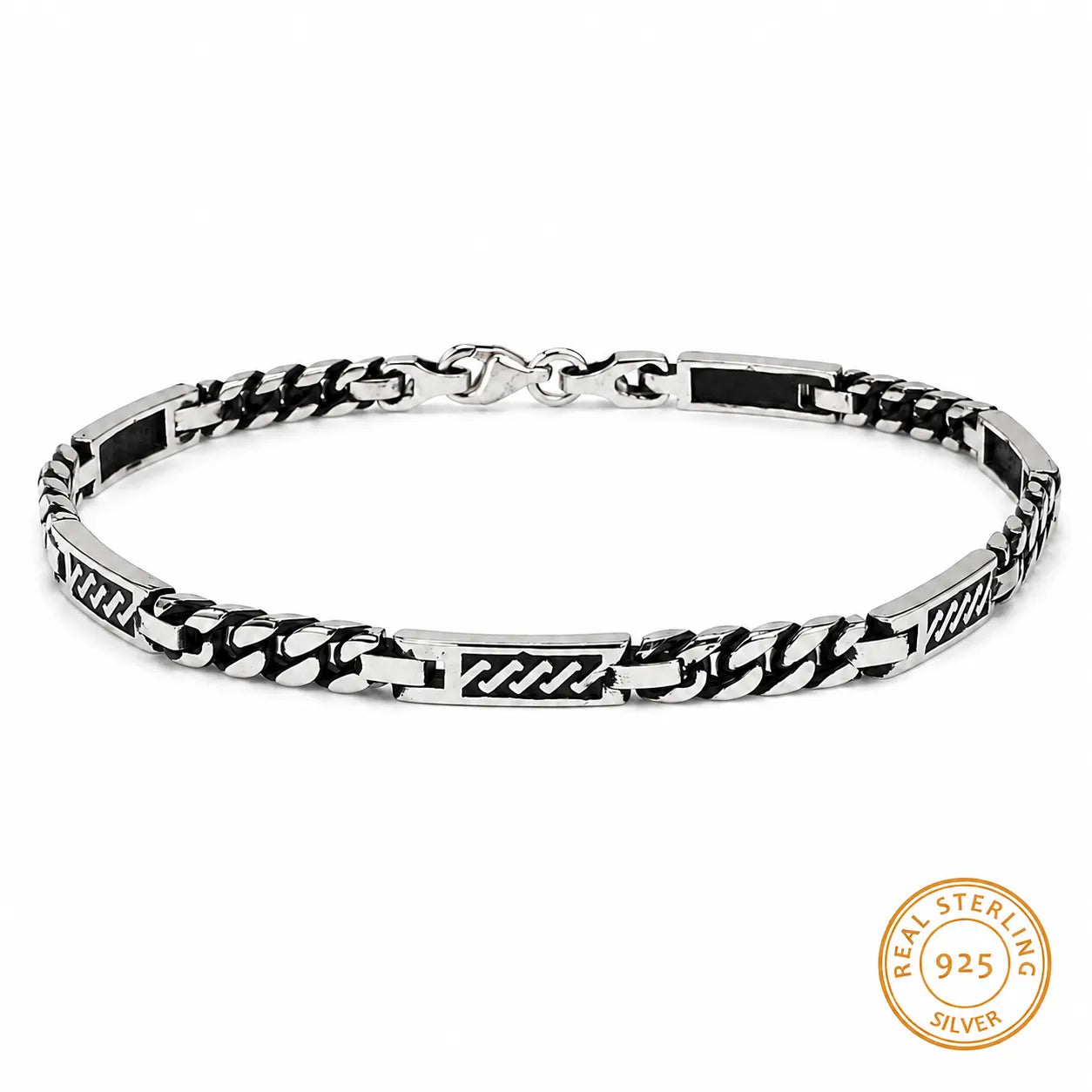 Marvel Silver black curb link bracelet for men with engraved panels and 19 cm length