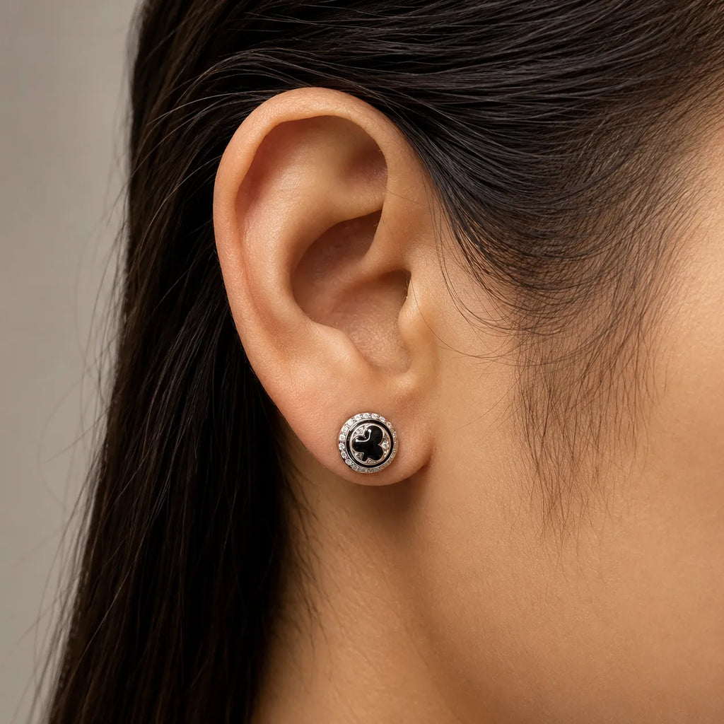 Marvel Silver black enamel round stud earrings for girls with 1.1 cm size