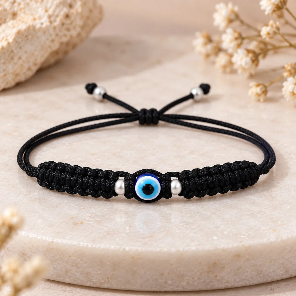 Marvel Silver black evil eye macrame adjustable bracelet with blue evil eye centerpiece and silver-tone beads